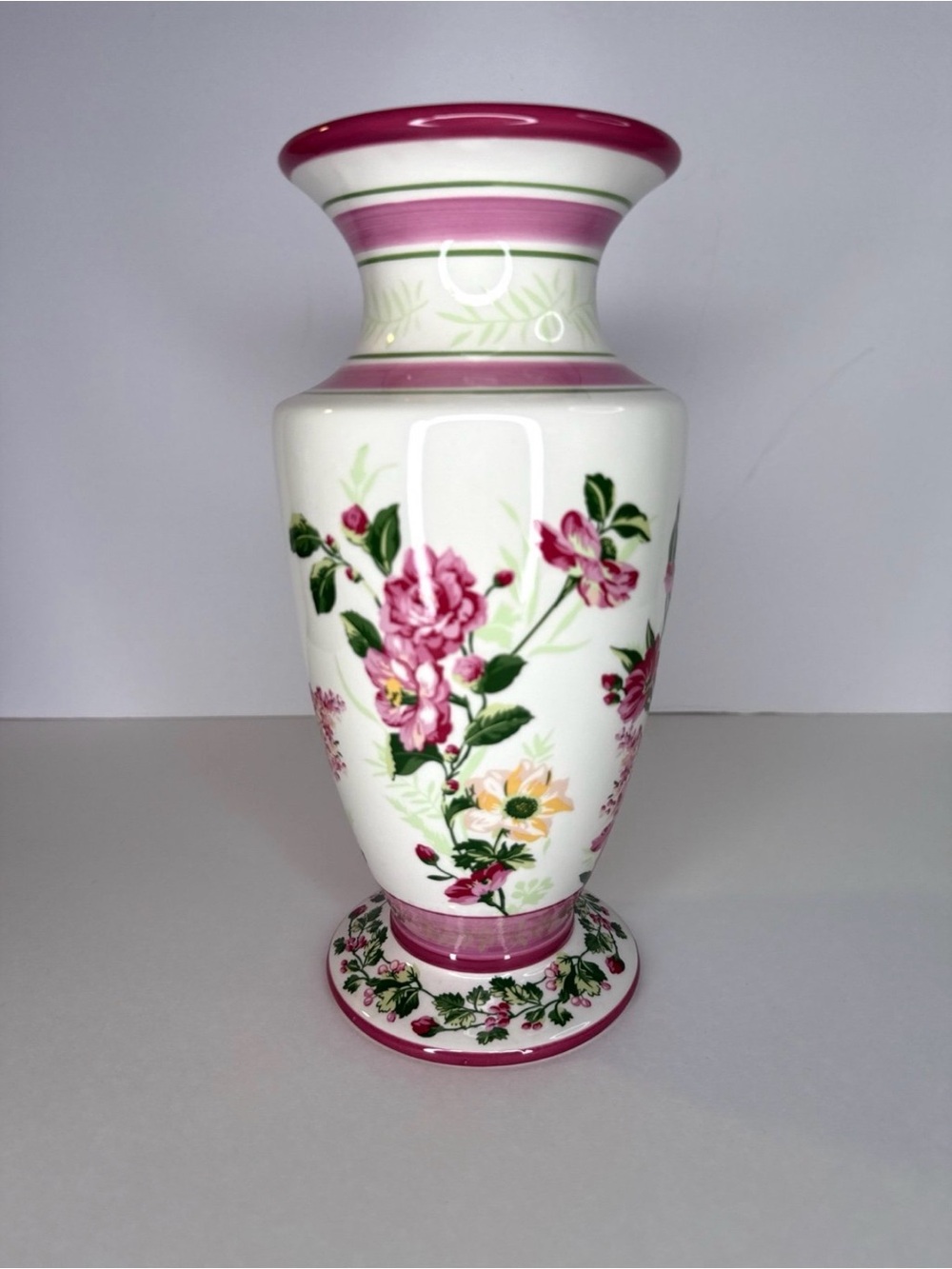 Laura Ashley Home Floral Vase Pink Green Botanical Ceramic 9.75” - Picture 2 of 8